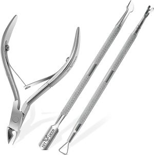 1st Deer Cuticle Cutter, 3 pcs Cuticle Nipper Pusher and Fork, Stainless Steel Nail Cuticle Scissors Clippers and Scraper, Professional Manicure Pedicure Tool for Nail Art, Spa