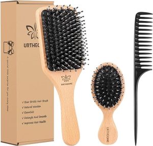 Boar Bristle Hair Brush and Comb Set for Women Men Kids, Best Natural Wooden Paddle Hairbrush and Small Travel Styling Brush for Wet or Dry Hair Detangling Smoothing Massaging