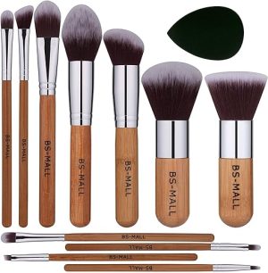 BS Mall bamboo Silver Premium Synthetic Kabuki Makeup Brush Set Cosmetics Foundation Blending Blush Face Powder Brush Makeup Brush Kit with Black Tear Drop Makeup Blender...