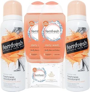 Feminine Intimate Hygiene Bundle Contains 2 x Femfresh Soap-Free Wash, 2 x Deodorant Spray and FemFresh Intimate Wash Wipes 15 Pack