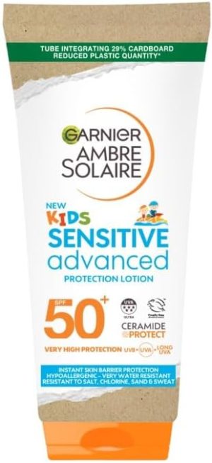 Garnier Ambre Solaire SPF 50+ Sensitive Advanced Kids Sun Cream, High Protection Against UVA & UVB, Non-Sticky Water-Resistant Sunscreen, for Face & Body, Approved by Cruelty...