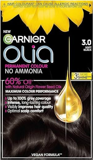 Garnier Olia Permanent Hair Dye, Up To 100% Grey Hair Coverage, No Ammonia, 60% Oils, Midnight 3.0 Soft Black
