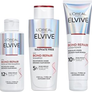 L’Oreal Paris Elvive Bond Repair Full Routine Set for Damaged Hair, Pre-Shampoo Treatment 200ml, Shampoo 200ml and Conditioner 150ml, Deep Intensive Hair Repair Treatment,...