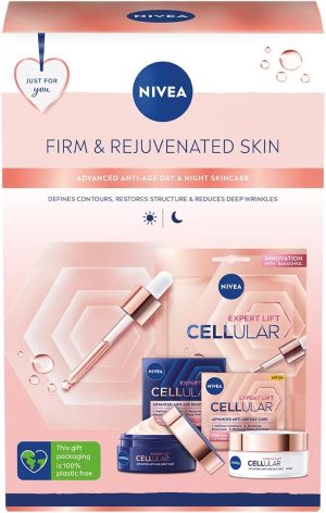 NIVEA Firm and Rejuvenated Gift Set, NIVEA Gift Set Includes Bakuchiol-Enriched Cellular Expert Lift Day Cream, Night Cream, and Face Sheet Mask, Gifts for Women, White, (3 Pieces)