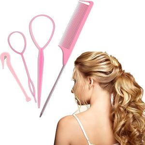 Topsy Tail Hair Tool, 4Pcs Hair Styling Accessories,Hair Braiding Tool Set, Hair Braid Styling Tool, French Braid Loop Tool with Tail Combfor Hair Braid(Pink)