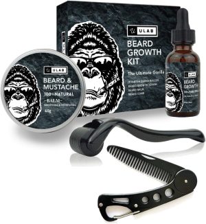 uLab Ultimate Gorilla Beard Growth Kit with Derma Roller, Beard Oil, Beard Balm and Foldable Styling Comb - Gift Set for Men For Beard Growth, Styling and Care - Contains...