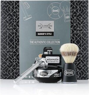 WILKINSON SWORD - Barber's Style for Men | The Authentic Collection​ | Double Edge Razor + 5 Blades | Shave Brush | Shave Soap Bowl