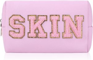 WLLHYF Preppy Makeup Bag Skin Letters Patch Cosmetic Bag Portable Zipper Pouch Skincare Cosmetic Travel Bag Storage Purse Organizer Accessories for Women Girls