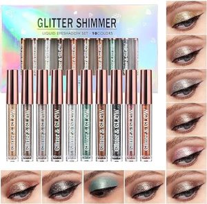 10 Pcs Liquid Glitter Eyeshadow Metallic Shimmer&Sweatproof Makeup Set, Matte Glitter Pressed All Highly Pigmented Blending Powder,Perfect For Every Woman & Girl (10pcs)