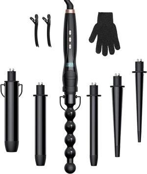 6 In1 Curling Wand Iron-Curly Curling Iron Set with Different Accessories, Hair Curlers Wand Tourmaline Ceramic Anti-Static Coating Corrugated Iron, LCD Display, Heat Resistant...