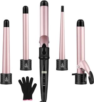 Curling Wand - Upgraded 5 in 1 Hair Curler, Curling Tongs Iron Set with 5 Interchangeable Ceramic Coating Barrels, Waver Curling Wand for Long/Short Hair, LCD Display /80-230°C...