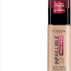 L'Oréal Paris Infallible 32H Fresh Wear Foundation, Full-coverage, Longwear, Weightless Smooth Finish, Water-proof and Transfer-proof, with Vitamin C + SPF 25, 110 Rose Vanilla