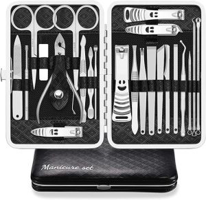 Manicure Set Professional Nail Clippers Kit Pedicure Care Tools 23pcs Stainless Steel Grooming Tools With Black PU Leather Case for Travel or Home (Black/Silver)