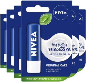 NIVEA Lip Balm Original Care Pack of 6 (6 x 4.8g) Protective Lip Moisturiser with Shea Butter and Natural Oils, Caring Lip Balm for 24h Moisture Care, Lip Care with Melt-In Formula