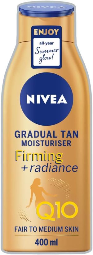 NIVEA Q10 Firming Plus Radiance Gradual Tan (400 ml), Tan Activating Firming Cream with Q10, Supports a Gradual Tan, Tanning Moisturiser for a Sun-Kissed Radiant Glow
